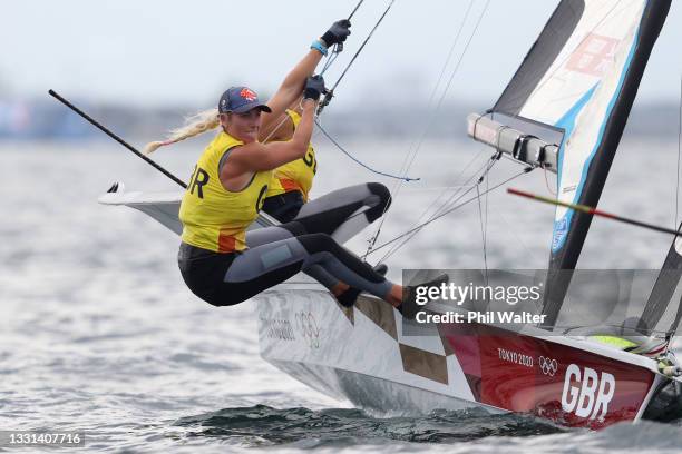 Charlotte Dobson and Saskia Tidey of Team Great Britain compete in the Women's Skiff 49er class on day seven of the Tokyo 2020 Olympic Games at...