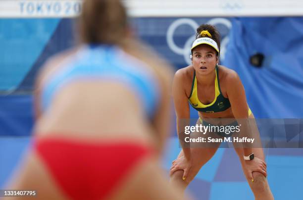 Mariafe Artacho del Solar of Team Australia competes against Team ROC during the Women's Preliminary - Pool E beach volleyball on day seven of the...