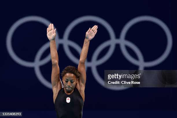 Jennifer Abel of Team Canada competes during the Women's 3m Springboard Preliminary round on day seven of the Tokyo 2020 Olympic Games at Tokyo...