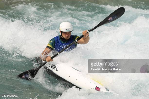 Lucien Delfour of Team Australia competes during the Men's Kayak Slalom Semi-final on day seven of the Tokyo 2020 Olympic Games at Kasai Canoe Slalom...