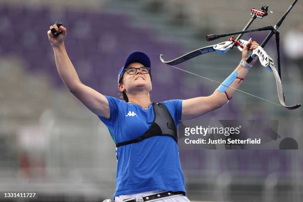 Lucilla Boari of Team Italy celebrates after winning the bronze medal in the archery Women's Individual competition on day seven of the Tokyo 2020...