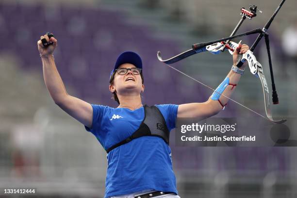 Lucilla Boari of Team Italy celebrates after winning the bronze medal in the archery Women's Individual competition on day seven of the Tokyo 2020...