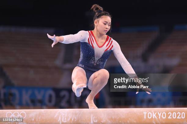 Sunisa Lee of Team United States competes on the balance beam during the Women's All-Around Final on day six of the Tokyo 2020 Olympic Games at...