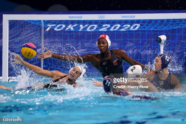 Ashleigh Johnson of Team United States makes a save during the Women's Preliminary Round Group B match between the United States and Team ROC on day...