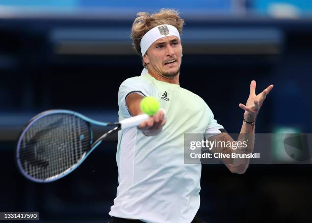 Alexander Zverev of Team Germany plays a forehand during his Men's Singles Semifinal match against Novak Djokovic of Team Serbia on day seven of the...