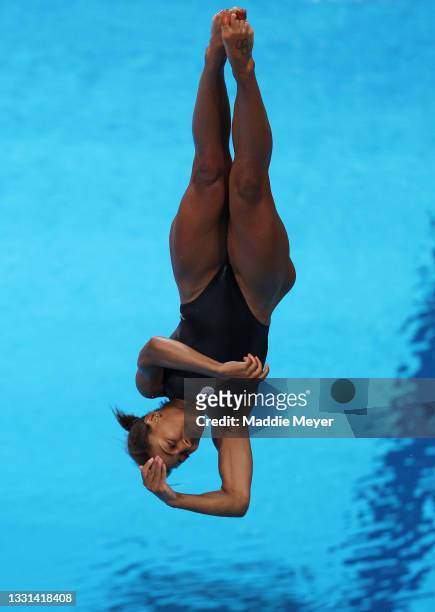 Jennifer Abel of Team Canada competes during the Women's 3m Springboard Preliminary round on day seven of the Tokyo 2020 Olympic Games at Tokyo...