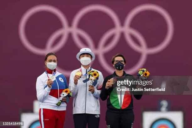 Silver medalist Elena Osipova of Team ROC, gold medalist San An of Team South Korea, and bronze medalist Lucilla Boari of Team Italy, pose on the...