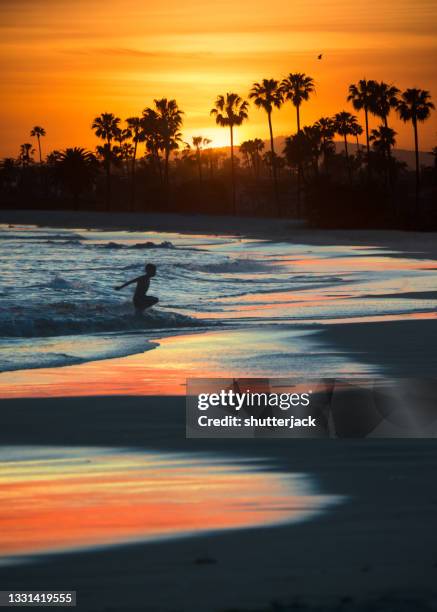 silhouette of a boy running out of ocean onto beach at sunset, orange county, california, usa - orange county california stockfoto's en -beelden