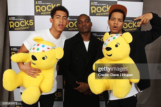 Jordan Stephens, Dot Rotton and Harley Alexander-Sule pose backstage at Children In Need Rocks Manchester 2011 at The Manchester Evening News Arena...