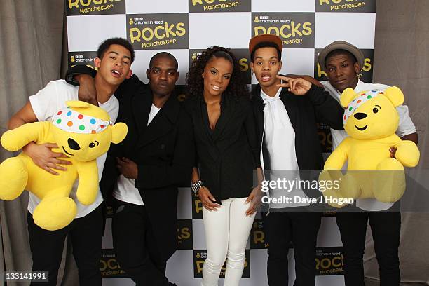 Jordan Stephens, Dot Rotton, Ms Dynamite, Labrinth and Harley Alexander-Sule pose backstage at Children In Need Rocks Manchester 2011 at The...