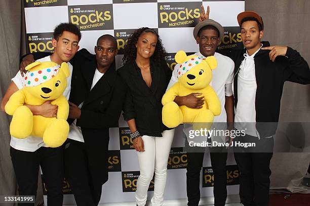 Jordan Stephens, Dot Rotton, Ms Dynamite, Labrinth and Harley Alexander-Sule pose backstage at Children In Need Rocks Manchester 2011 at The...