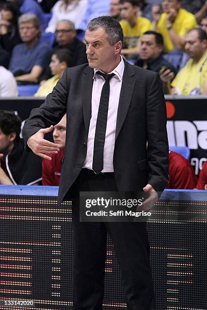 Giovanni Bozzi, Head Coach of Belgacom Spirou Basket in action during the 2011-2012 Turkish Airlines Euroleague Regular Season Game Day 5 between...