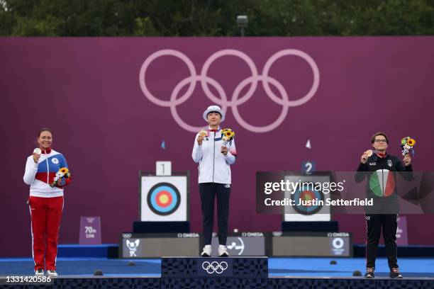 Silver medalist Elena Osipova of Team ROC, gold medalist San An of Team South Korea, and bronze medalist Lucilla Boari of Team Italy, pose on the...