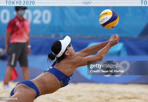 Chen Xue of Team China competes against Team Spain during the Women's Preliminary - Pool B beach volleyball on day seven of the Tokyo 2020 Olympic...