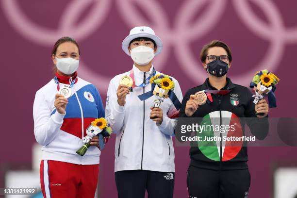 Silver medalist Elena Osipova of Team ROC, gold medalist San An of Team South Korea, and bronze medalist Lucilla Boari of Team Italy, pose on the...