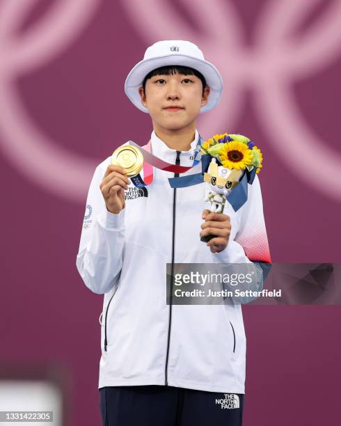 San An of Team South Korea poses with the gold medal for the archery Women’s Individual competition on day seven of the Tokyo 2020 Olympic Games at...
