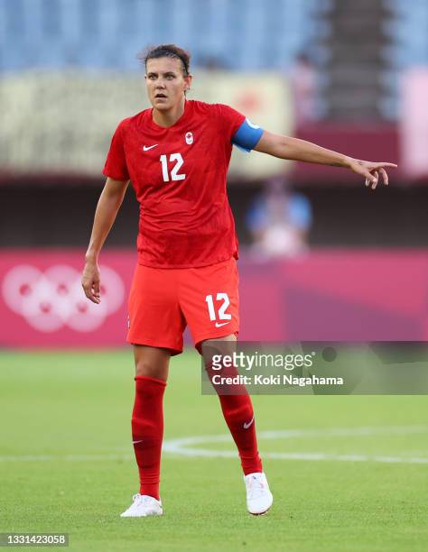 Christine Sinclair of Team Canada gives instructions during the Women's Quarter Final match between Canada and Brazil on day seven of the Tokyo 2020...