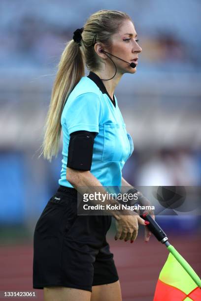 Assistant Referee, Manuela Nicolosi looks on during the Women's Quarter Final match between Canada and Brazil on day seven of the Tokyo 2020 Olympic...