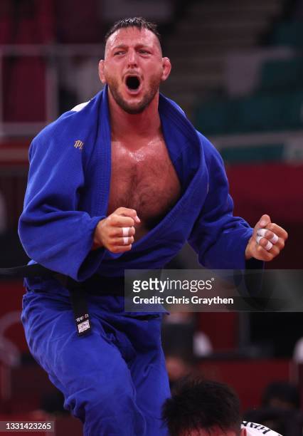 Lukas Krpalek of Team Czech Republic celebrates after defeating Hisayoshi Harasawa of Team Japan during the Men’s Judo +100kg Semifinal of Table B on...