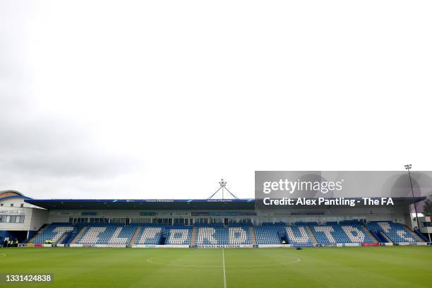 General view inside the stadium prior to a Women's U19's friendly match between England and Czech Republic at New Bucks Head Stadium on July 30, 2021...