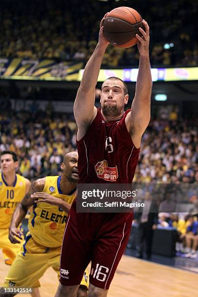 Christophe Beghin, #16 of Belgacom Spirou Basket in action during the 2011-2012 Turkish Airlines Euroleague Regular Season Game Day 5 between Maccabi...