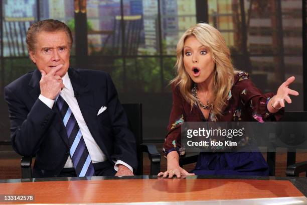 Regis Philbin and Kelly Ripa attend a press conference on Regis's departure from "LIVE! with Regis and Kelly" at ABC Studios on November 17, 2011 in...