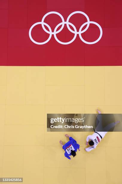 Iryna Kindzerska of Team Azerbaijan defeats Shiyan Xu of Team China during the Women’s Judo +78g Contest for Bronze Medal A on day seven of the Tokyo...