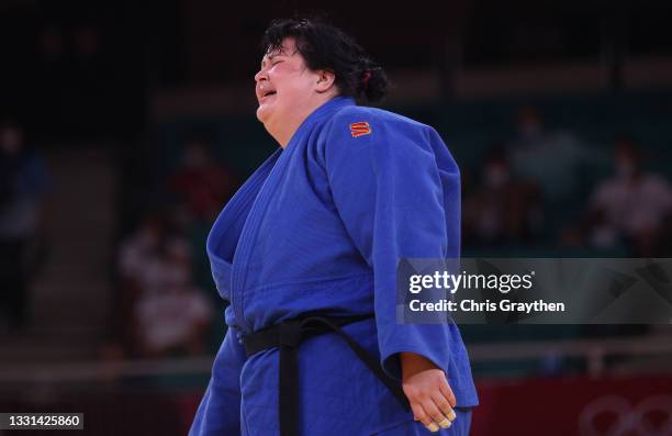 Iryna Kindzerska of Team Azerbaijan defeats Shiyan Xu of Team China during the Women’s Judo +78g Contest for Bronze Medal A on day seven of the Tokyo...