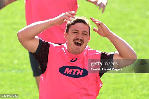 Jasper Wiese celebrates during the South African Springboks captain's run at Cape Town Stadium on July 30, 2021 in Cape Town, South Africa.