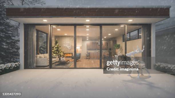 christmas night at home - living room front view stock pictures, royalty-free photos & images