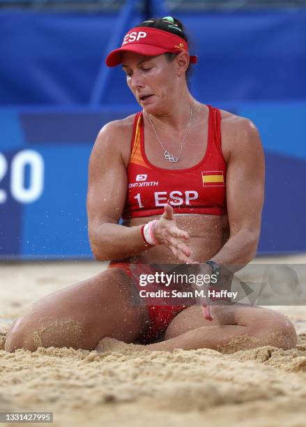 Liliana Fernandez Steiner of Team Spain reacts against Team China during the Women's Preliminary - Pool B beach volleyball on day seven of the Tokyo...