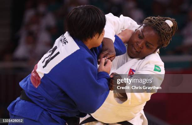 Akira Sone of Team Japan and Idalys Ortiz of Team Cuba compete during the Women’s Judo +78kg Final on day seven of the Tokyo 2020 Olympic Games at...