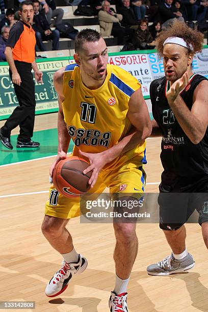 Donatas Motiejunas, #11 of Asseco Prokom Gdynia in action during the 2011-2012 Turkish Airlines Euroleague Regular Season Game Day 5 between...