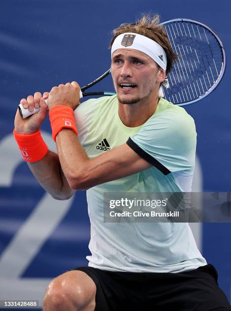 Alexander Zverev of Team Germany plays a backhand during his Men's Singles Semifinal match against Novak Djokovic of Team Serbia on day seven of the...