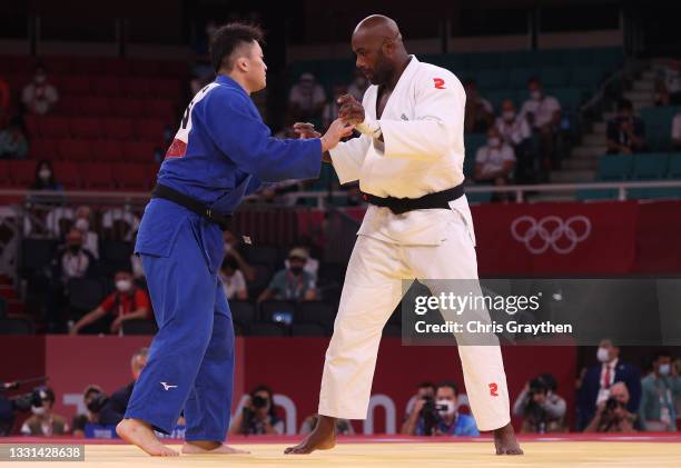 Teddy Riner of Team France and Hisayoshi Harasawa of Team Japan during the Men’s Judo +100kg Contest for Bronze Medal A on day seven of the Tokyo...
