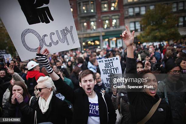 Large gathering of protesters affiliated with the Occupy Wall Street Movement attend a rally in Union Square on November 17, 2011 in New York City....