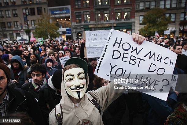 Large gathering of protesters affiliated with the Occupy Wall Street Movement attend a rally in Union Square on November 17, 2011 in New York City....