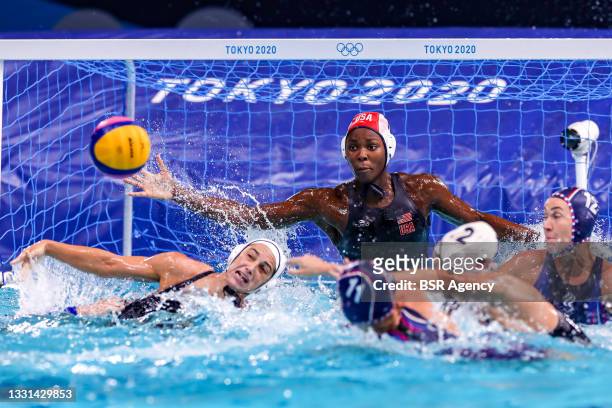 Evgeniya Ivanova of ROC, Ashleigh Johnson of United States during the Tokyo 2020 Olympic Waterpolo Tournament women match between United States and...