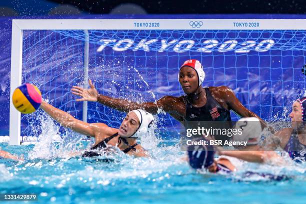 Evgeniya Ivanova of ROC, Ashleigh Johnson of United States, Maggie Steffens of United States during the Tokyo 2020 Olympic Waterpolo Tournament women...