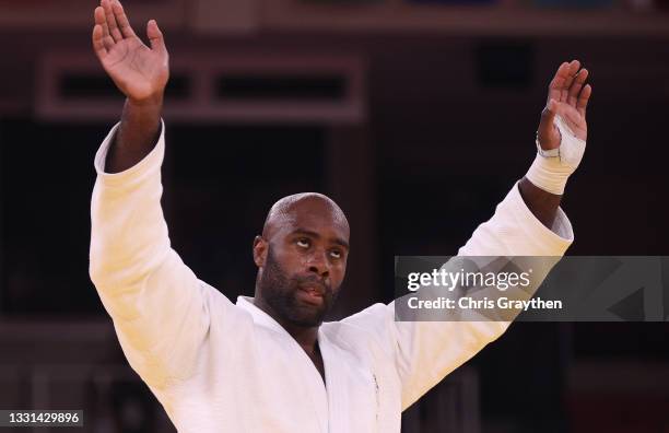 Teddy Riner of Team France celebrates after defeating Hisayoshi Harasawa of Team Japan compete during the Men’s Judo +100kg Contest for Bronze Medal...