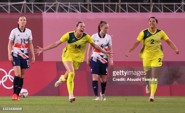 Alanna Kennedy of Team Australia celebrates after scoring their side's first goal during the Women's Quarter Final match between Great Britain and...