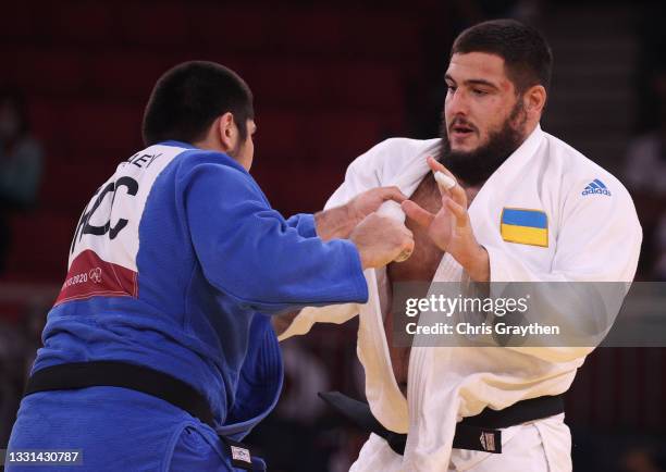 Yakiv Khammo Team Ukraine and Tamerlan Bashev of Team ROC compete during the Men’s Judo +100kg Contest for Bronze Medal B on day seven of the Tokyo...