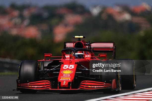 Carlos Sainz of Spain driving the Scuderia Ferrari SF21 during practice ahead of the F1 Grand Prix of Hungary at Hungaroring on July 30, 2021 in...