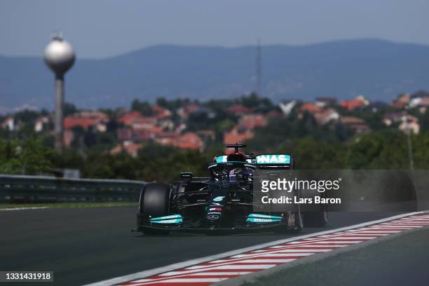 Lewis Hamilton of Great Britain driving the Mercedes AMG Petronas F1 Team Mercedes W12 during practice ahead of the F1 Grand Prix of Hungary at...