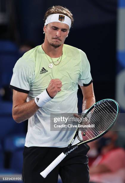 Alexander Zverev of Team Germany celebrates after a point during his Men's Singles Semifinal match against Novak Djokovic of Team Serbia on day seven...