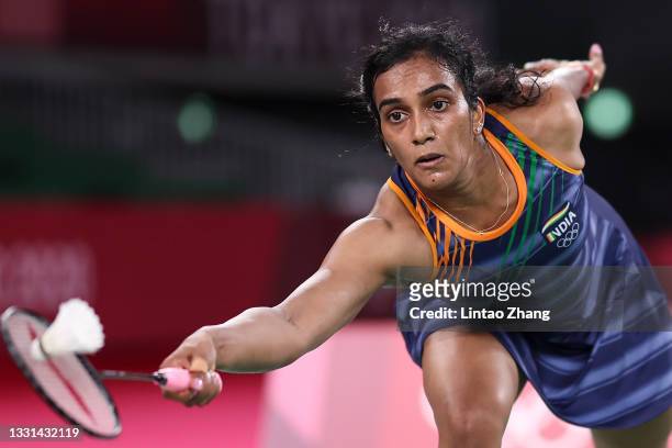 Pusarla V. Sindhu of Team India competes against Akane Yamaguchi of Team Japan during a Women's Singles Quarterfinal match on day seven of the Tokyo...