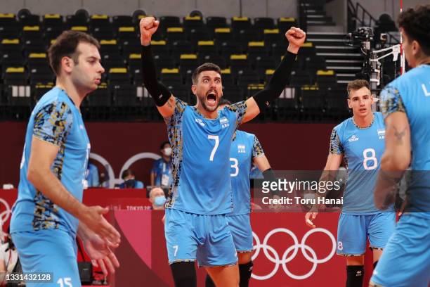 Facundo Conte of Team Argentina celebrates after defeating Team Tunisia during the Men's Preliminary Round - Pool B volleyball on day seven of the...