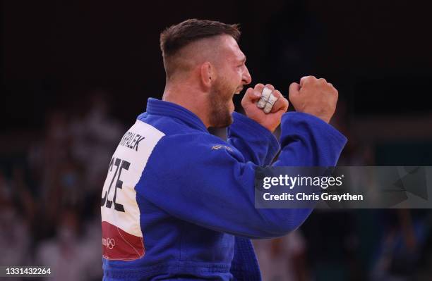 Lukas Krpalek of Team Czech Republic celebrates his win over Guram Tushishvili of Team Georgia during the Men’s Judo +100kg Final on day seven of the...