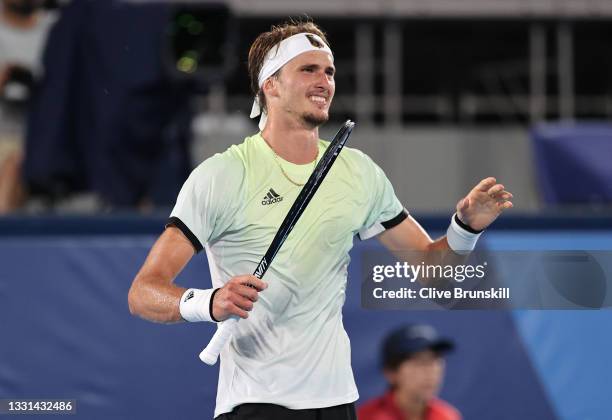 Alexander Zverev of Team Germany celebrates victory after his Men's Singles Semifinal match against Novak Djokovic of Team Serbia on day seven of the...