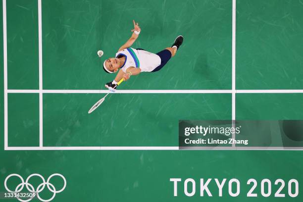 Tai Tzu-ying of Team Chinese Taipei competes against Ratchanok Intanon of Team Thailand during a Women's Singles Quarterfinal match on day seven of...